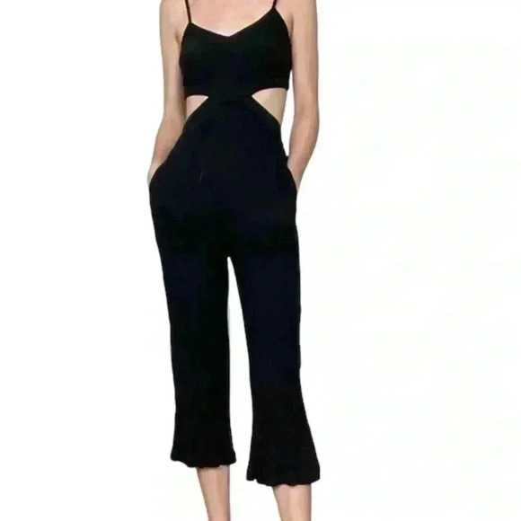 AERIE BLACK SIDE AND BACK CUTOUT B-NECK JUMPSUIT SIZE XS - Picture 1 of 5